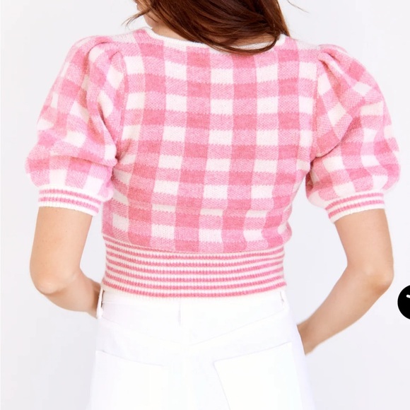 Vestique Brielle Plaid Puff Sleeve Sweater Pink Checkered Top Large Crop Fit - Picture 4 of 10